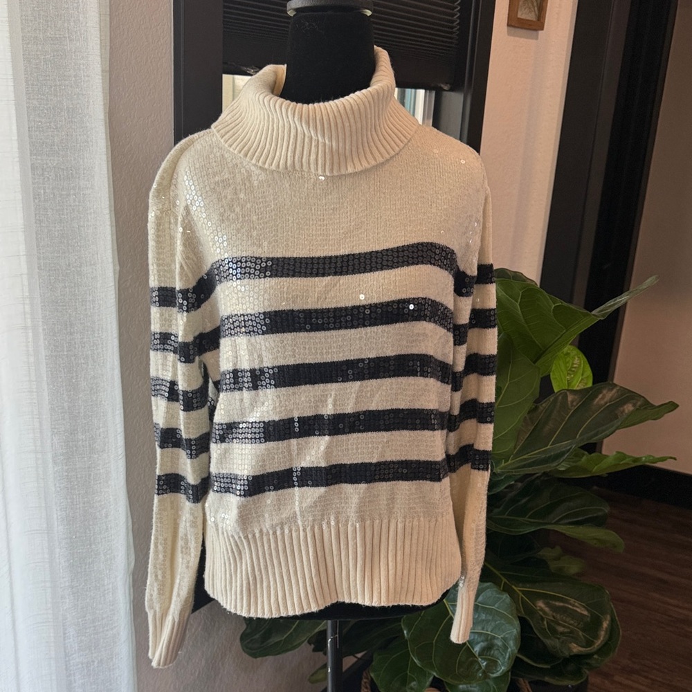 Talbots Cream and Black Striped Sequin Turtleneck Sweater